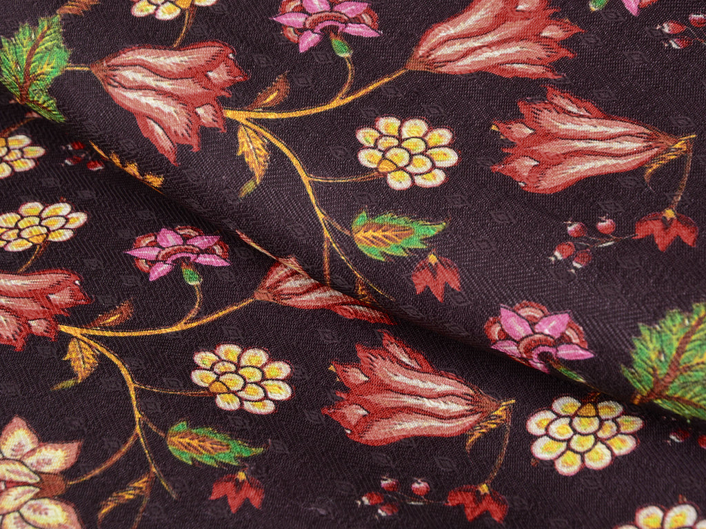 Deep Purple Floral Semi Pashmina Wool Fabric