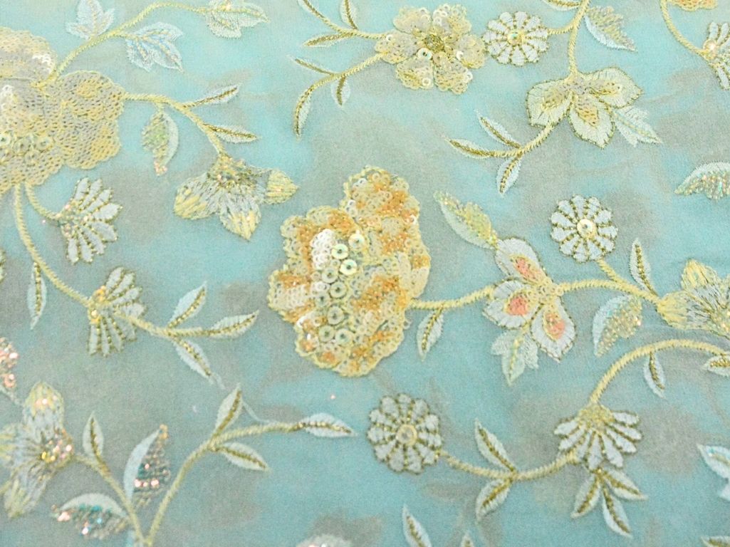 Baby Blue Viscose Georgette With Sequins Embroidered Fabric