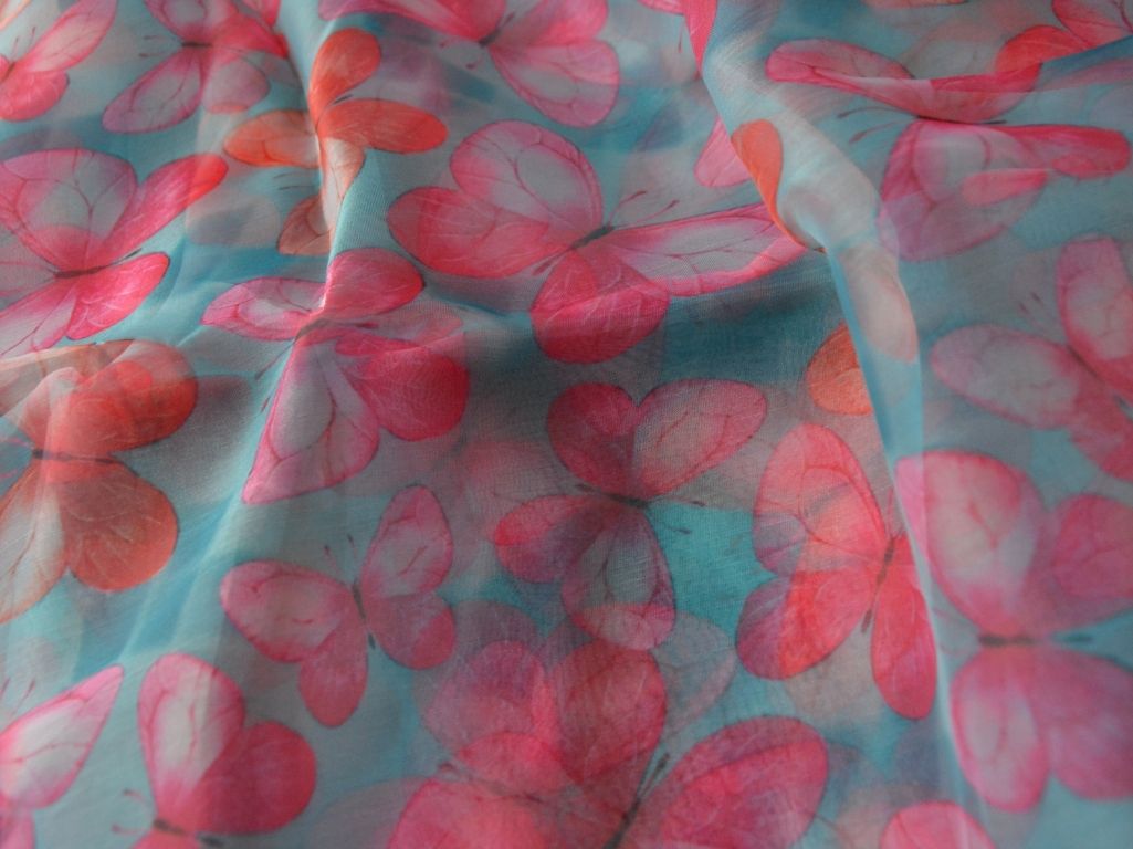 Sky Blue Butterfly Digital Printed Liquid Organza Fabric