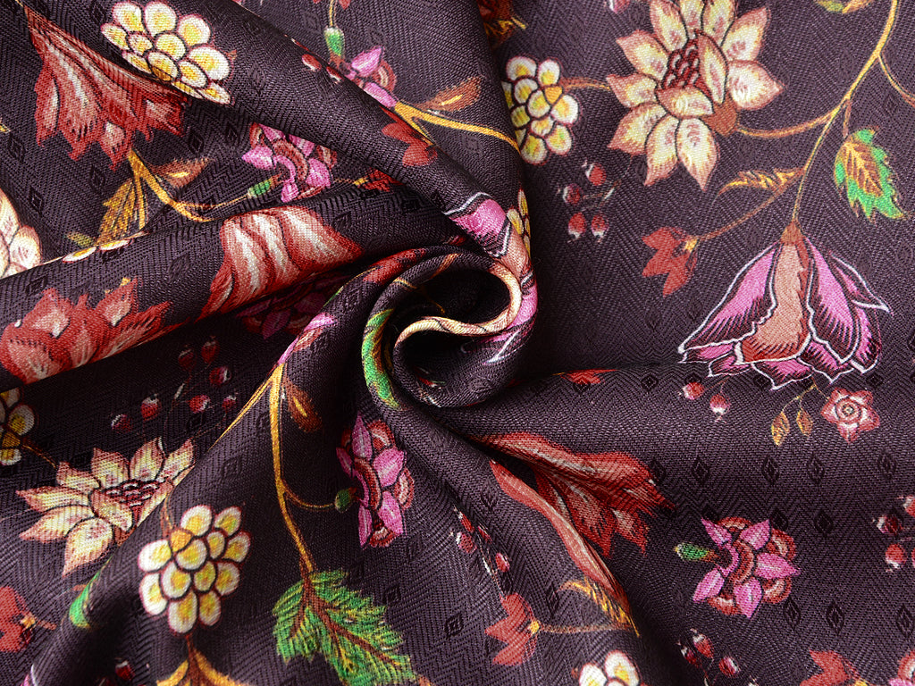 Deep Purple Floral Semi Pashmina Wool Fabric