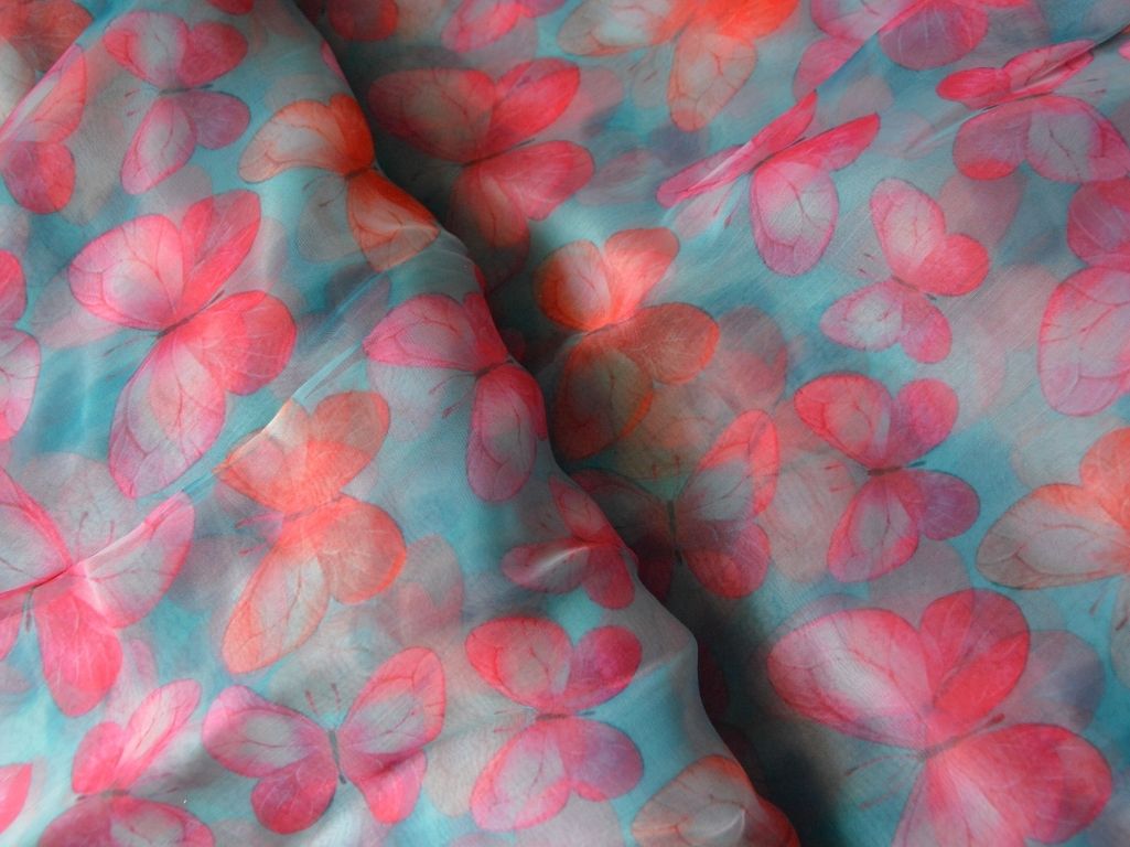 Sky Blue Butterfly Digital Printed Liquid Organza Fabric