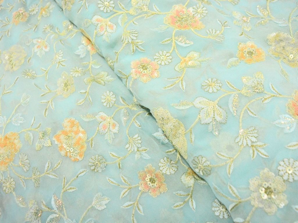 Baby Blue Viscose Georgette With Sequins Embroidered Fabric