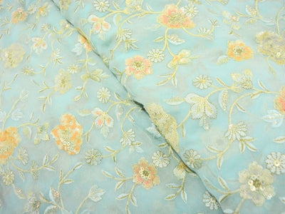 Baby Blue Viscose Georgette With Sequins Embroidered Fabric