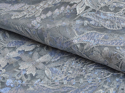 Ice Blue Floral Sequins Embroidered Leheriya Net Fabric