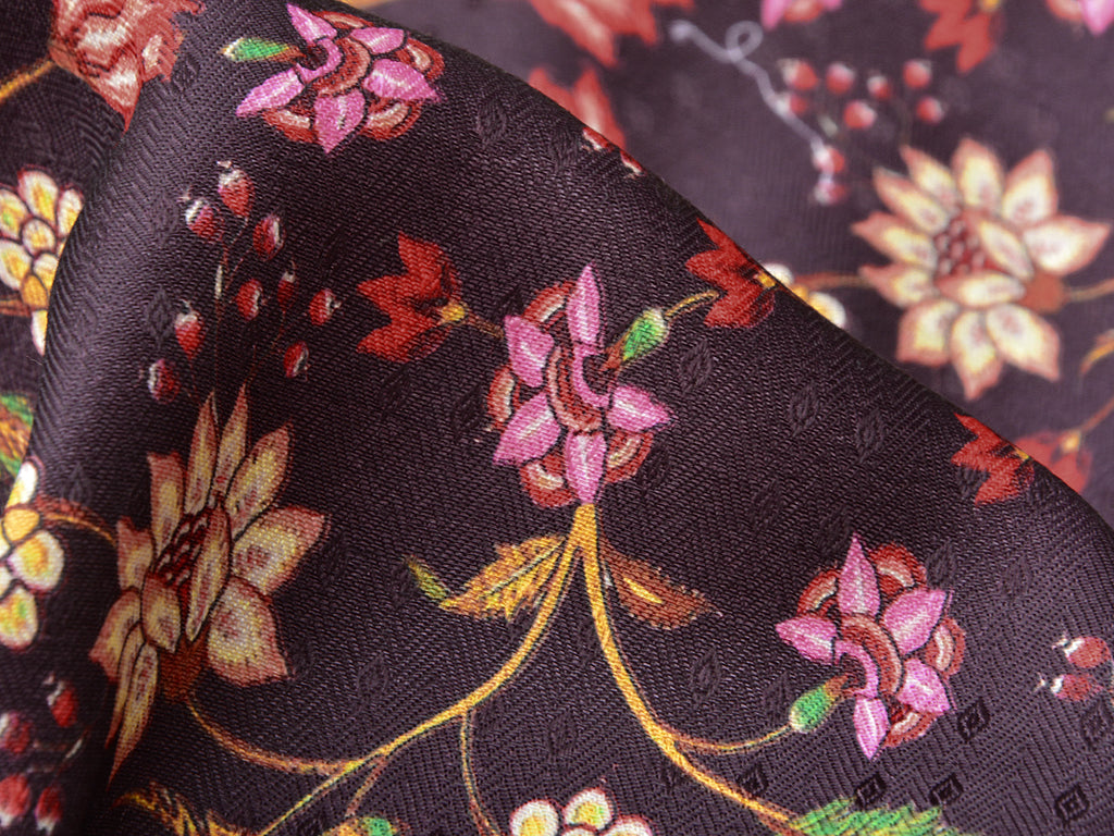 Deep Purple Floral Semi Pashmina Wool Fabric
