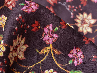Deep Purple Floral Semi Pashmina Wool Fabric