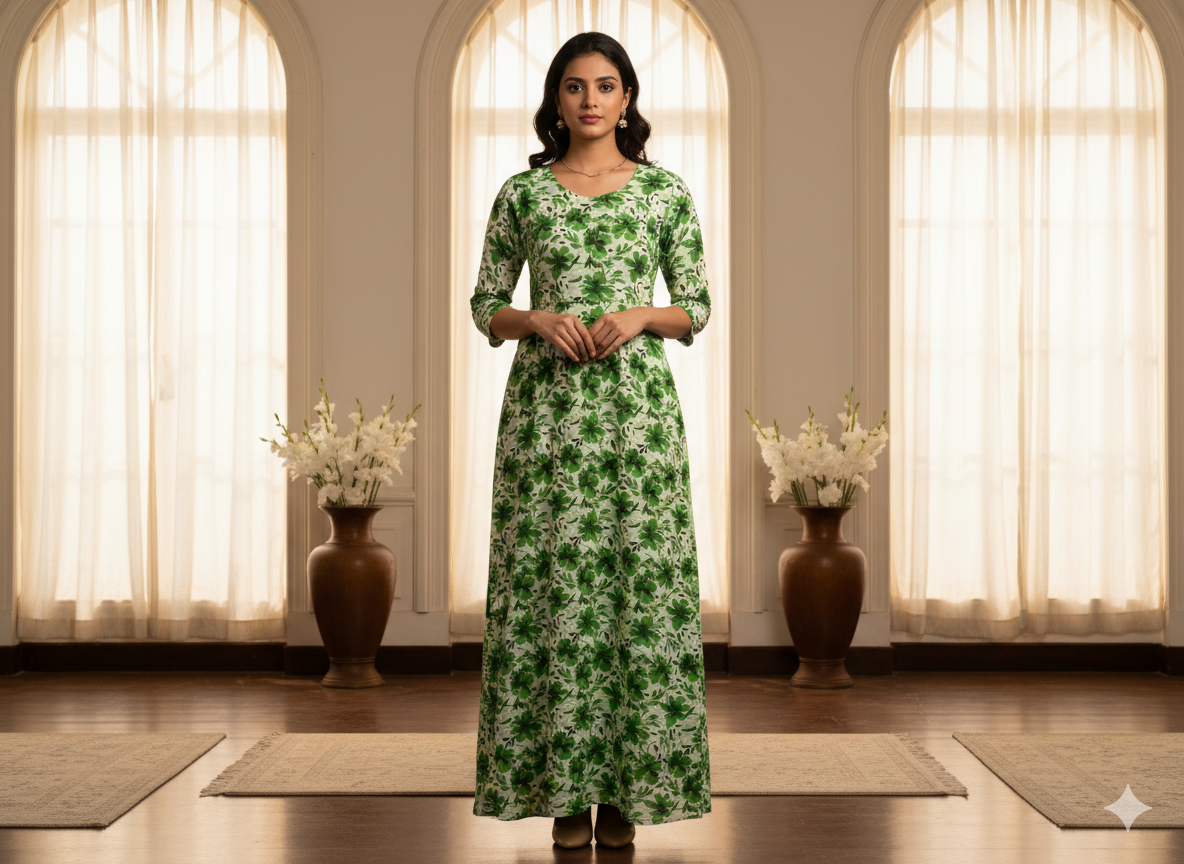 Mind Green Floral Digitally Printed Butter Crepe Fabric