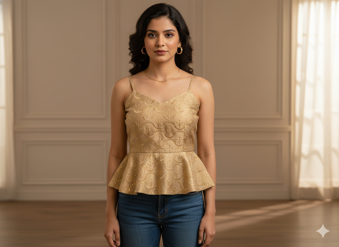 मड ब्राउन मेटैलिक सेक्विन कढ़ाई मलाई साटन फैब्रिक