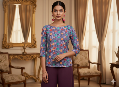 Purple Floral Digitally Printed Butter Crepe Fabric