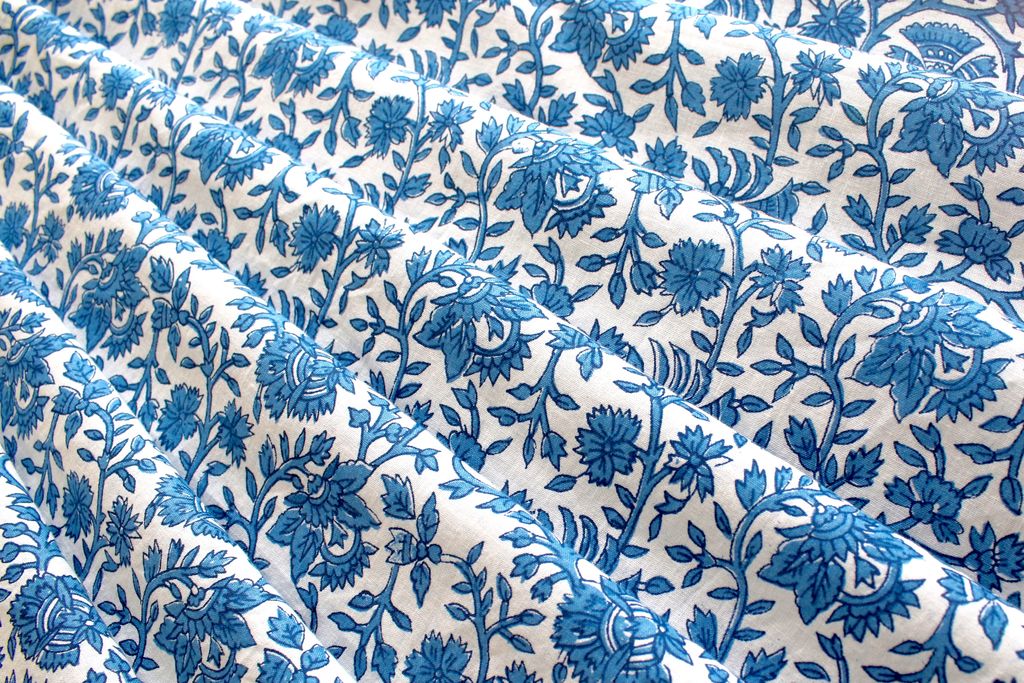 Blue & White Floral Kalamkari Printed Pure Cotton Fabric