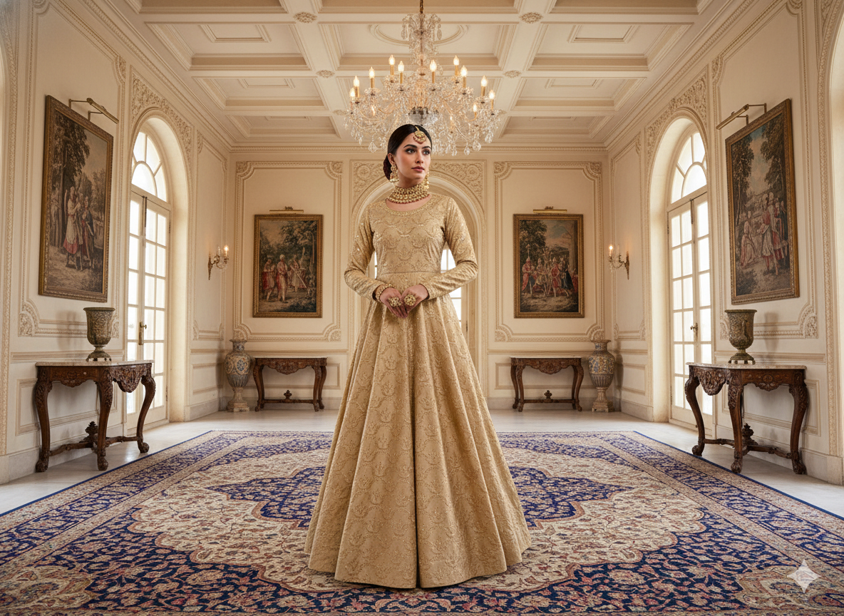 मड ब्राउन मेटैलिक सेक्विन कढ़ाई मलाई साटन फैब्रिक