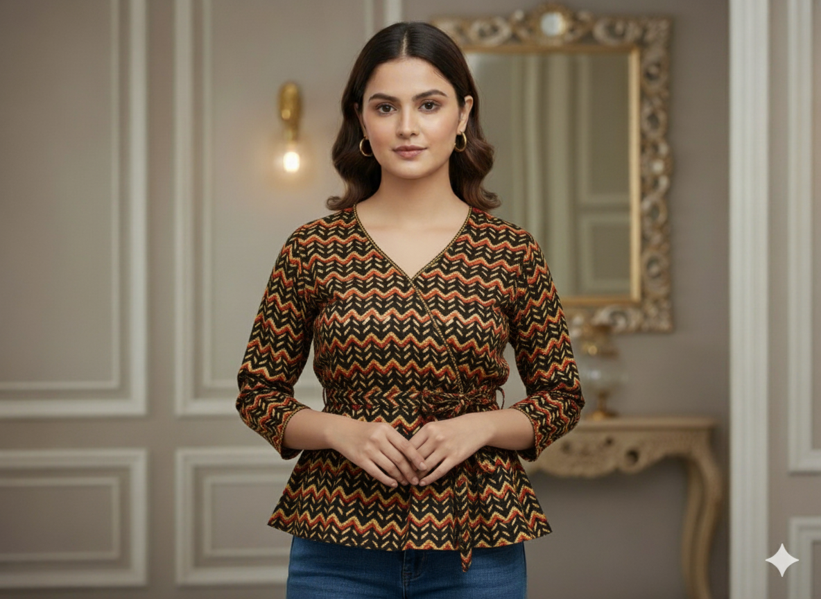 Multicolor zigzag Printed Semi Pashimna Woolen Fabric