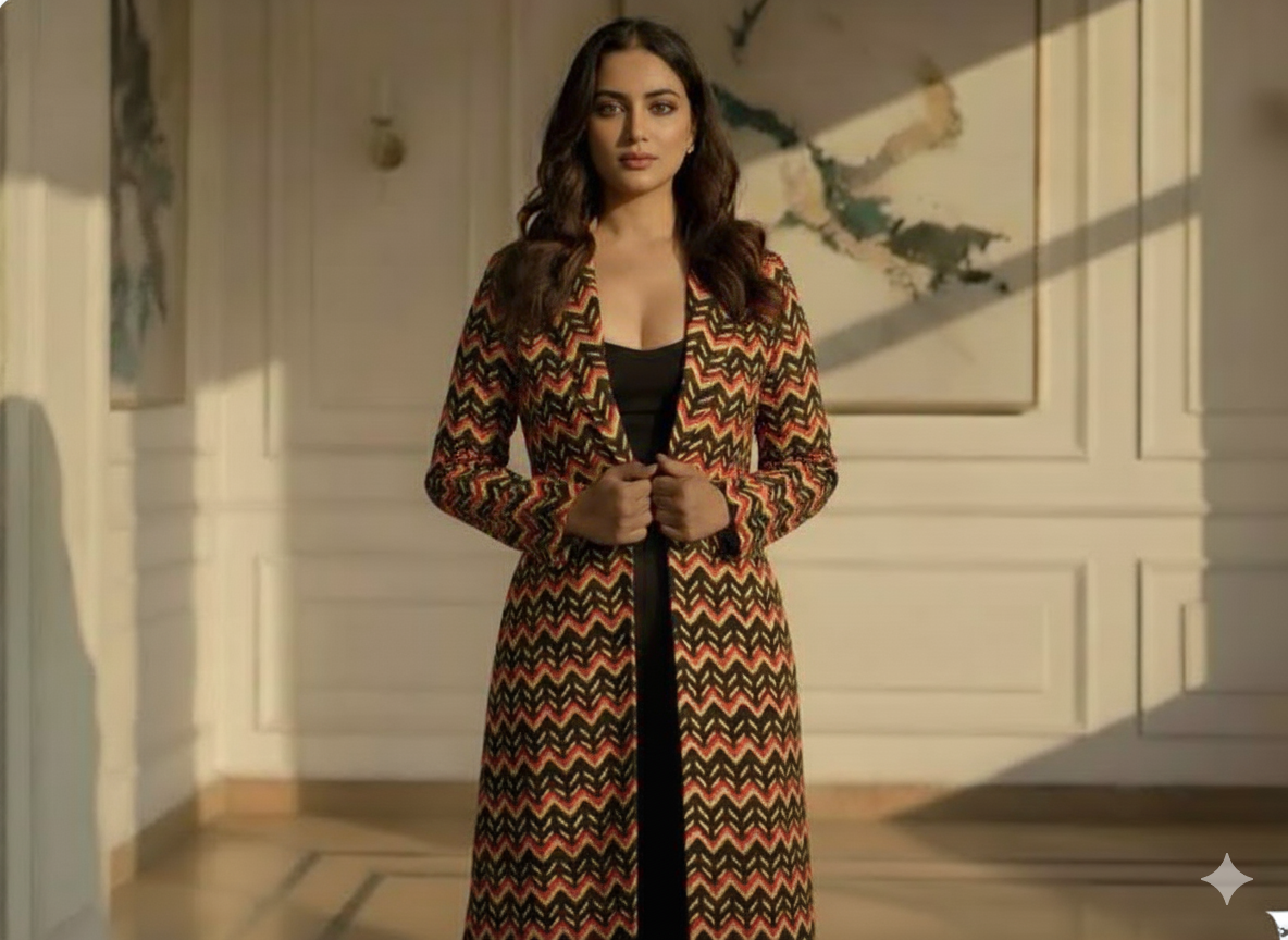 Multicolor zigzag Printed Semi Pashimna Woolen Fabric