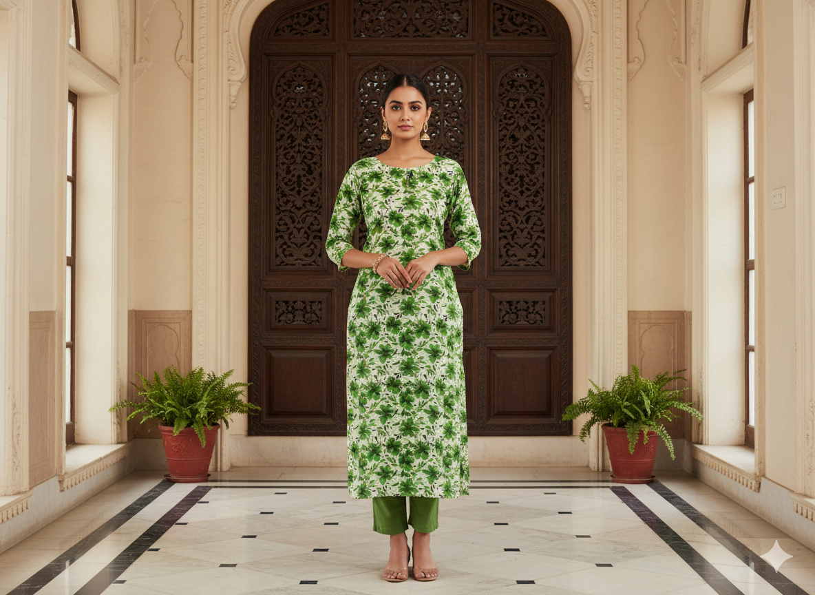 Mind Green Floral Digitally Printed Butter Crepe Fabric