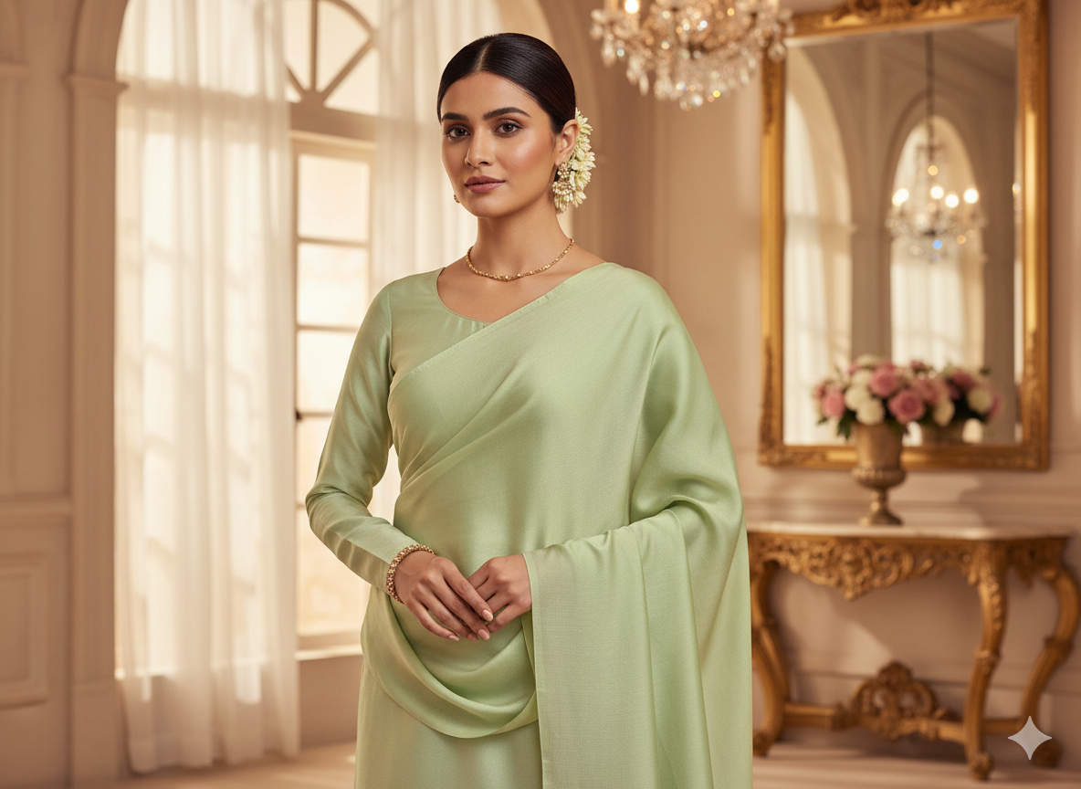 Pastel Muted Olive Green Plain Malai Satin Fabric