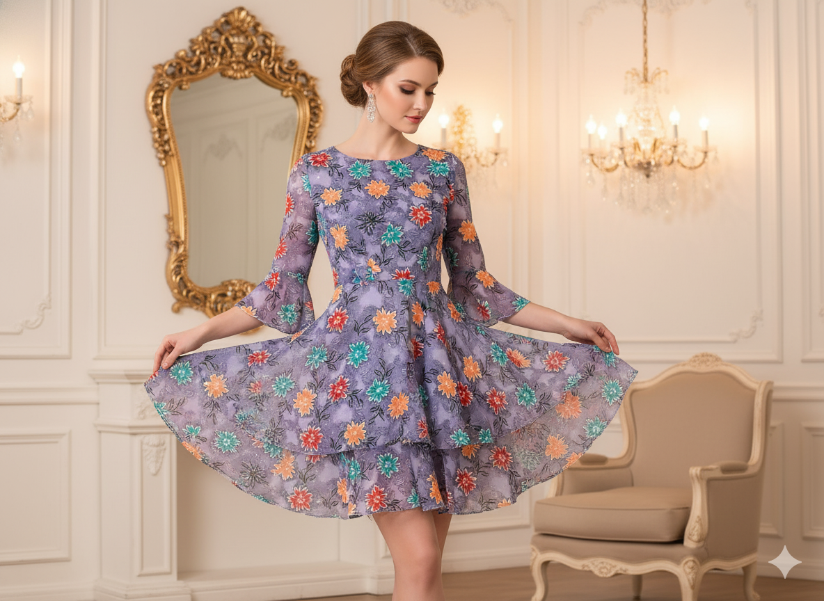 Purple Floral Digitally Printed Butter Crepe Fabric