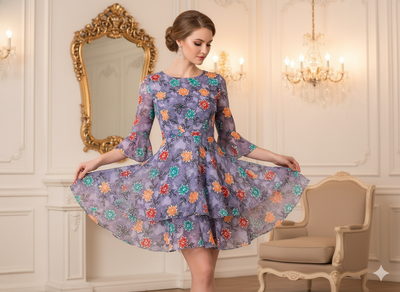 Purple Floral Digitally Printed Butter Crepe Fabric