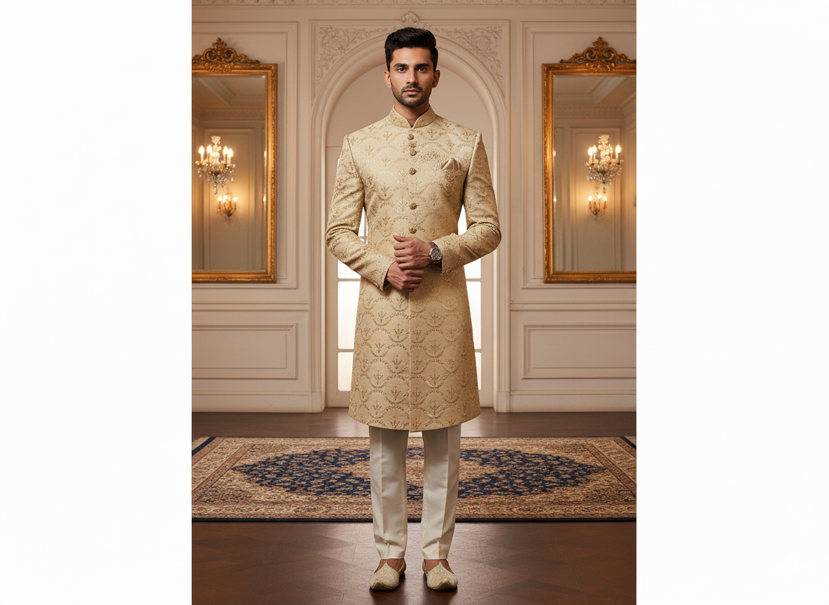 मड ब्राउन मेटैलिक सेक्विन कढ़ाई मलाई साटन फैब्रिक