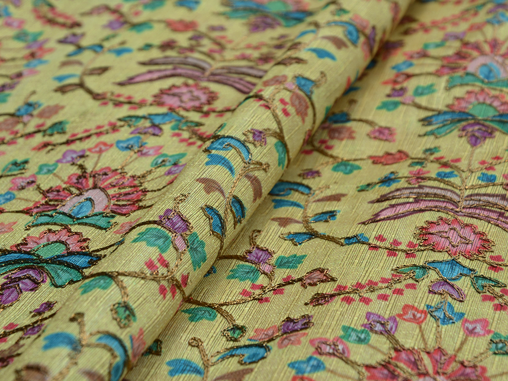 Light Yellow Traditional Digital Print Heavy Zari Embroidered Mulberry Silk Fabric