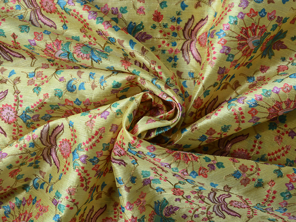 Light Yellow Traditional Digital Print Heavy Zari Embroidered Mulberry Silk Fabric