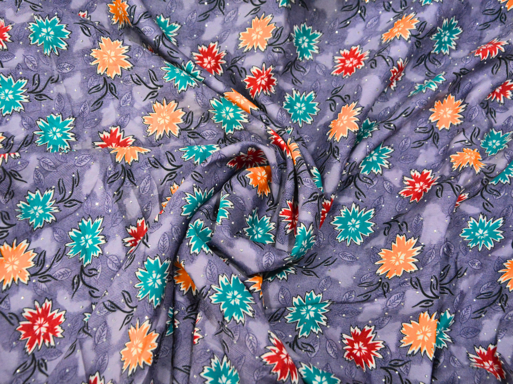 Purple Floral Digitally Printed Butter Crepe Fabric