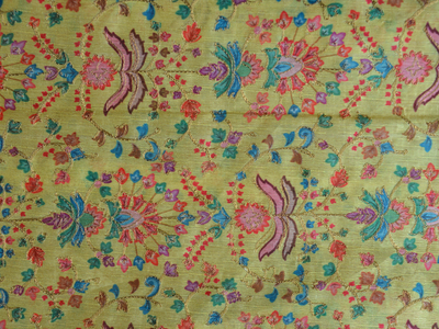 Light Yellow Traditional Digital Print Heavy Zari Embroidered Mulberry Silk Fabric