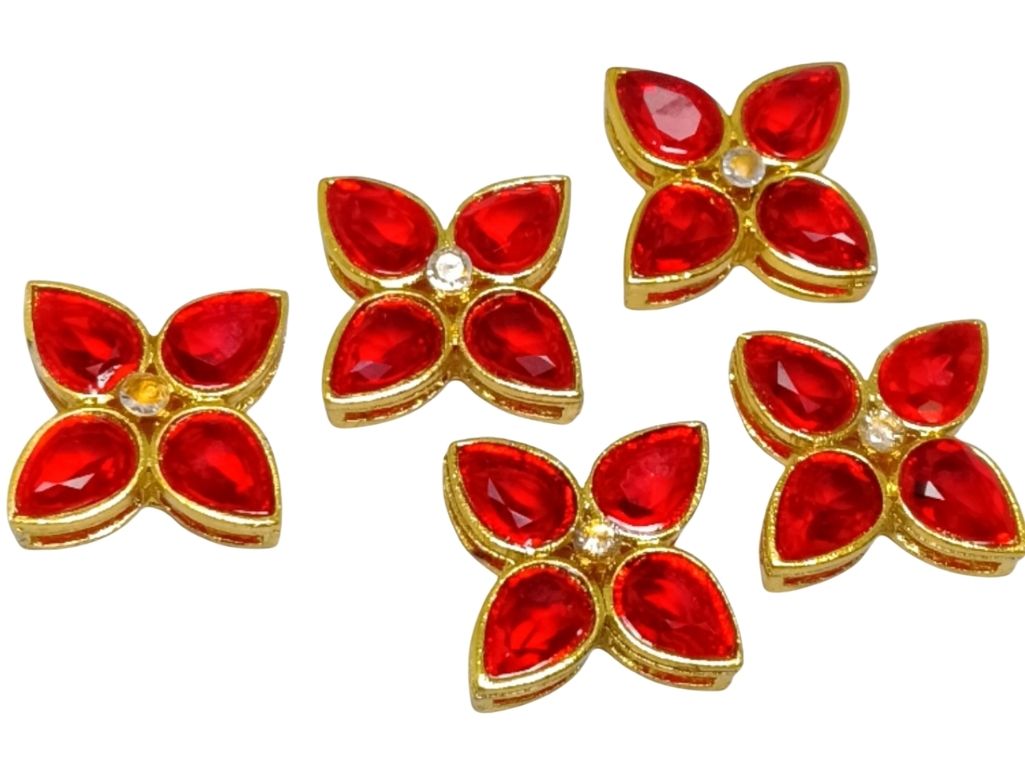 Blood Red 4-Petal flower AD Stone Embedded Kundan Stones