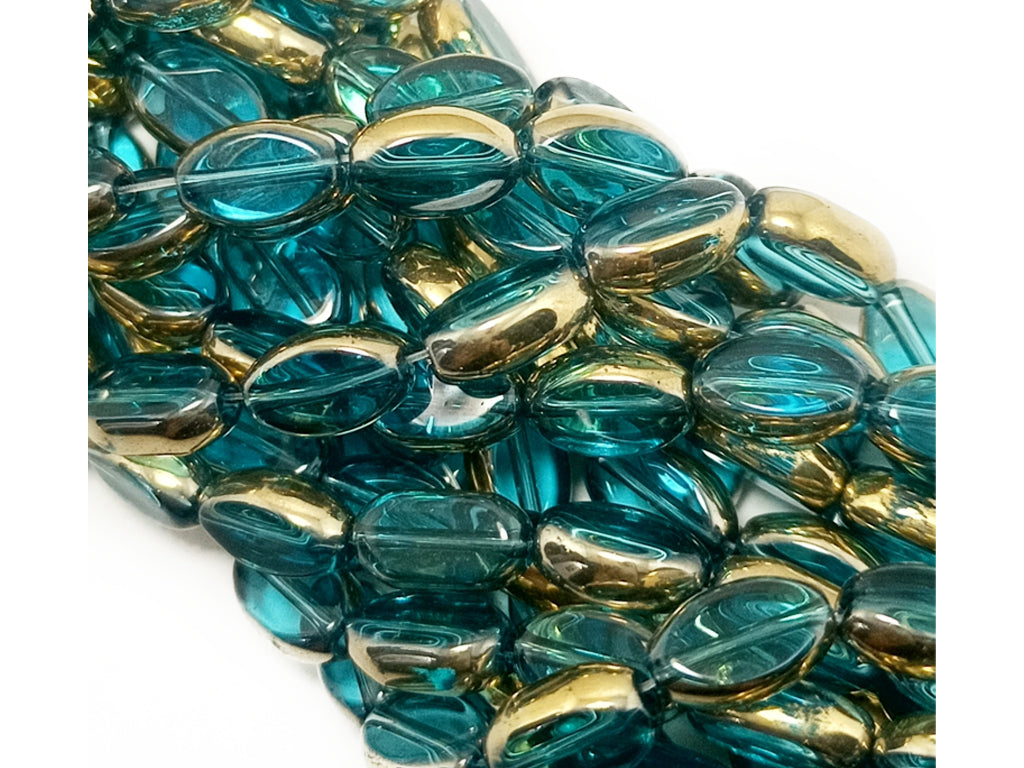 Teal & Golden Transparent Oval Fire Polished Glass Beads