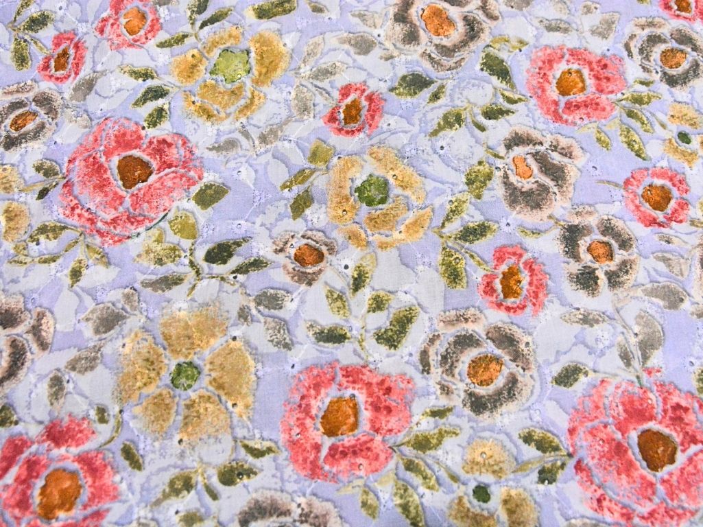 Lavender 100 % Pure Cotton Chikan Embroidered Fabric