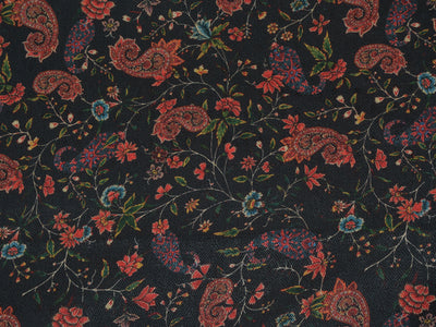 Black Floral Semi Pashmina Wool Fabric