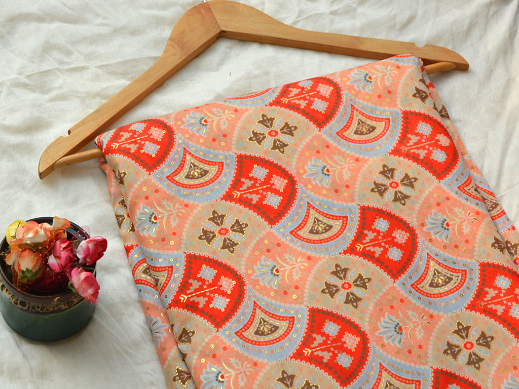 Red & Orange Geometric Soft Cotton Muslin Fabric