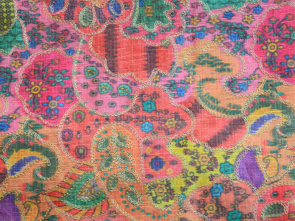 Multicolor Traditional Digital Print Heavy Zari Embroidered Mulberry Silk Fabric