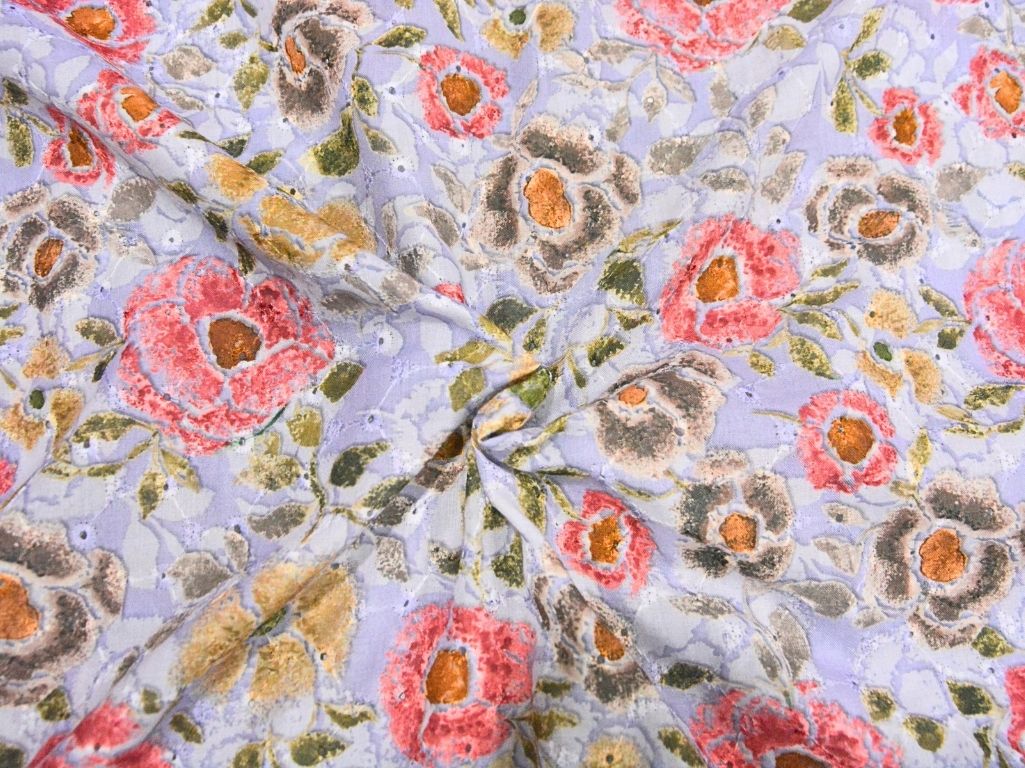 Lavender 100 % Pure Cotton Chikan Embroidered Fabric