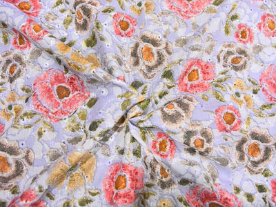 Lavender 100 % Pure Cotton Chikan Embroidered Fabric