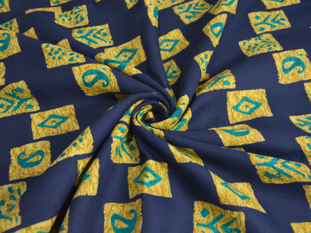Dark Blue Traditional Printed Semi Pashimna Woolen Fabric