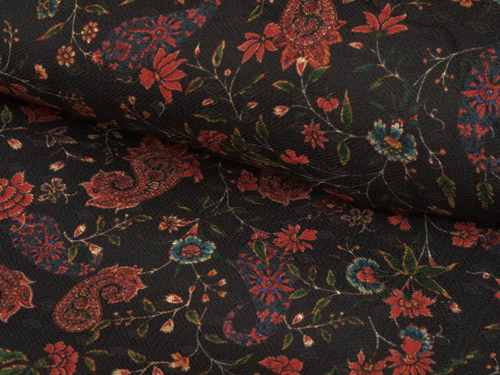 Black Floral Semi Pashmina Wool Fabric