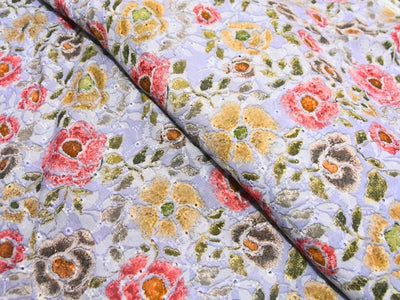 Lavender 100 % Pure Cotton Chikan Embroidered Fabric