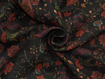 Black Floral Semi Pashmina Wool Fabric