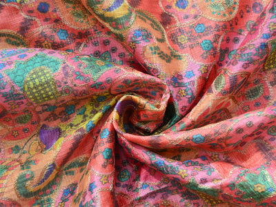 Multicolor Traditional Digital Print Heavy Zari Embroidered Mulberry Silk Fabric