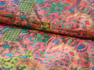 Multicolor Traditional Digital Print Heavy Zari Embroidered Mulberry Silk Fabric