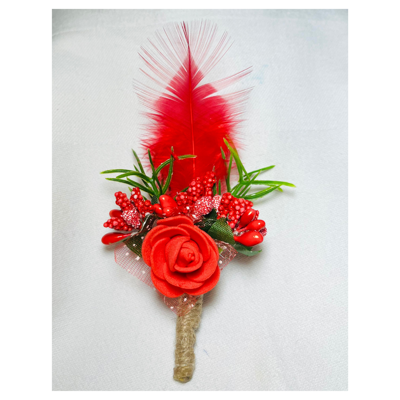 Red Faux Feather Flower Brooch