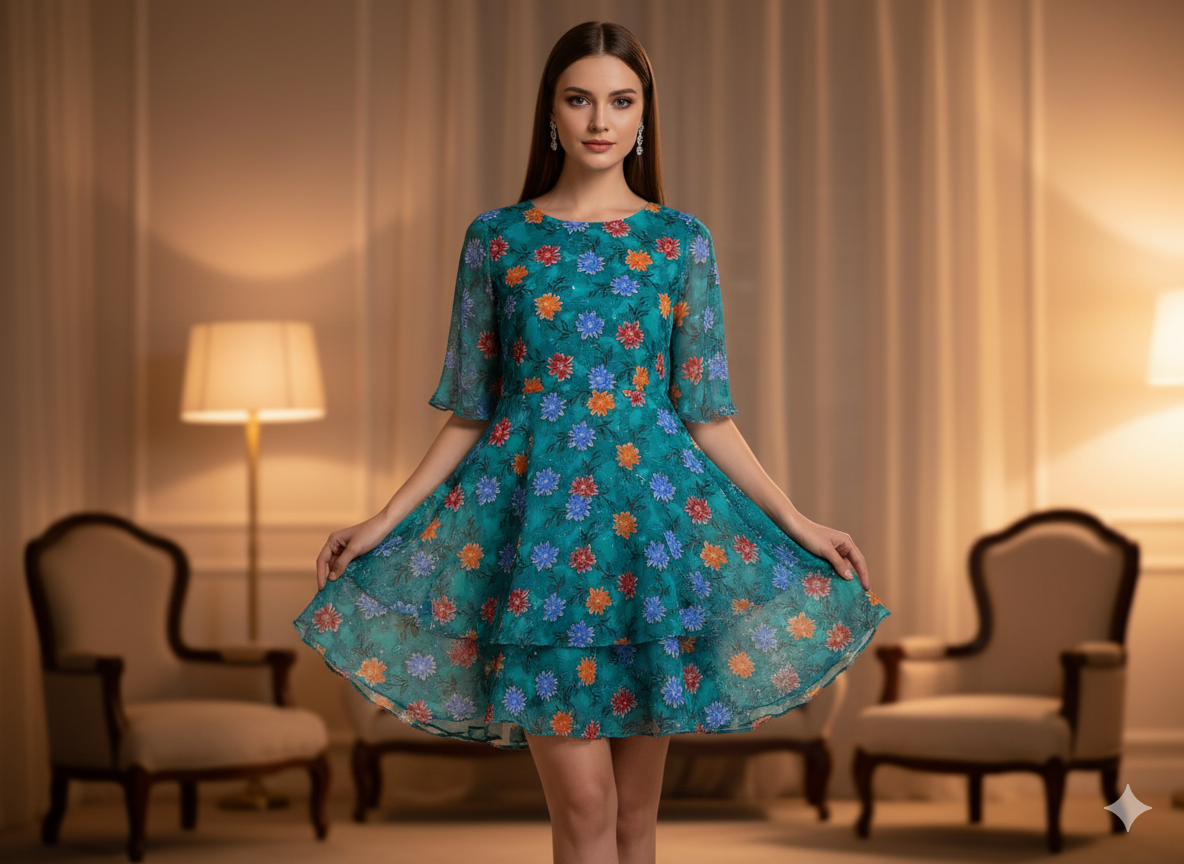 Teal Blue Floral Digitally Printed Butter Crepe Fabric