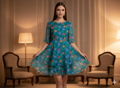 Teal Blue Floral Digitally Printed Butter Crepe Fabric