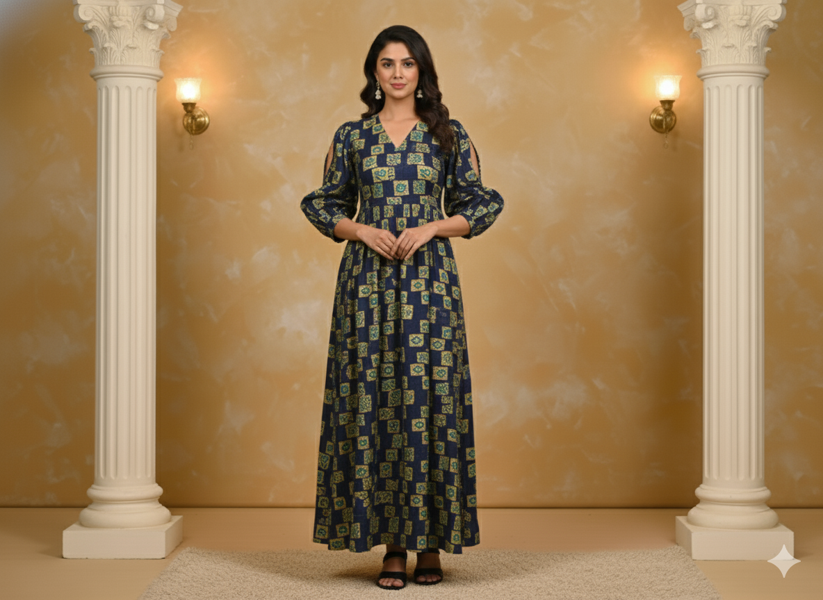 Dark Blue Traditional Printed Semi Pashimna Woolen Fabric