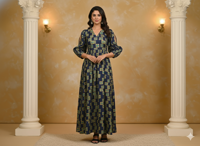 Dark Blue Traditional Printed Semi Pashimna Woolen Fabric