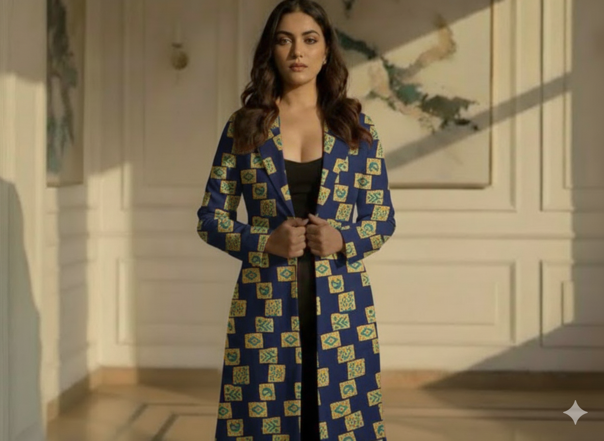 Dark Blue Traditional Printed Semi Pashimna Woolen Fabric