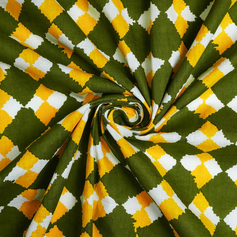 Olive & Yellow Geometric Printed Pure Cotton Fabric