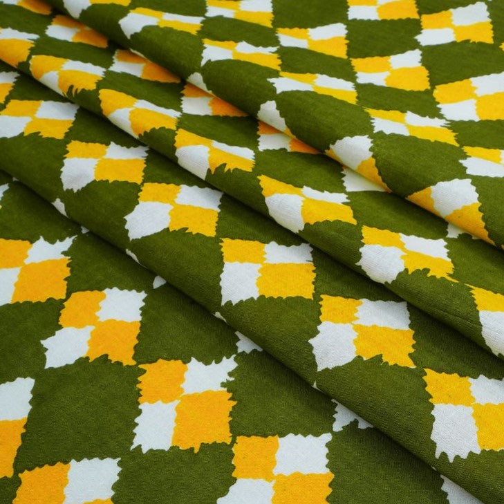 Olive & Yellow Geometric Printed Pure Cotton Fabric