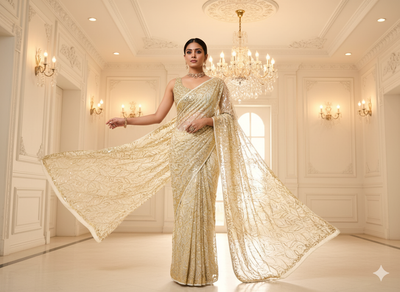 Off White Dyed Viscose Georgette With Sequins Embroidered Fabric