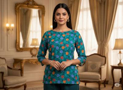 Teal Blue Floral Digitally Printed Butter Crepe Fabric